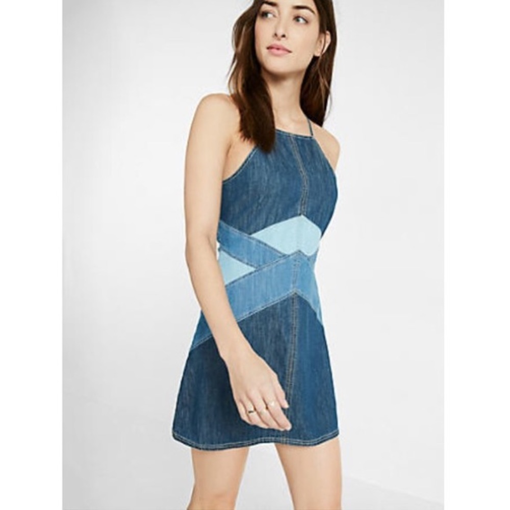 EXPRESS denim patchwork sleeveless mini dress Sz 8